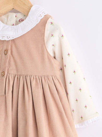 Cath Kidston Beige Embroidered Corduroy Pinafore 100% Cotton Dress with Tights