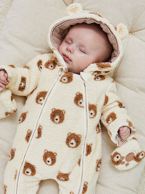 JoJo Maman Bébé Cream Bear Print Cosy Pramsuit image 1