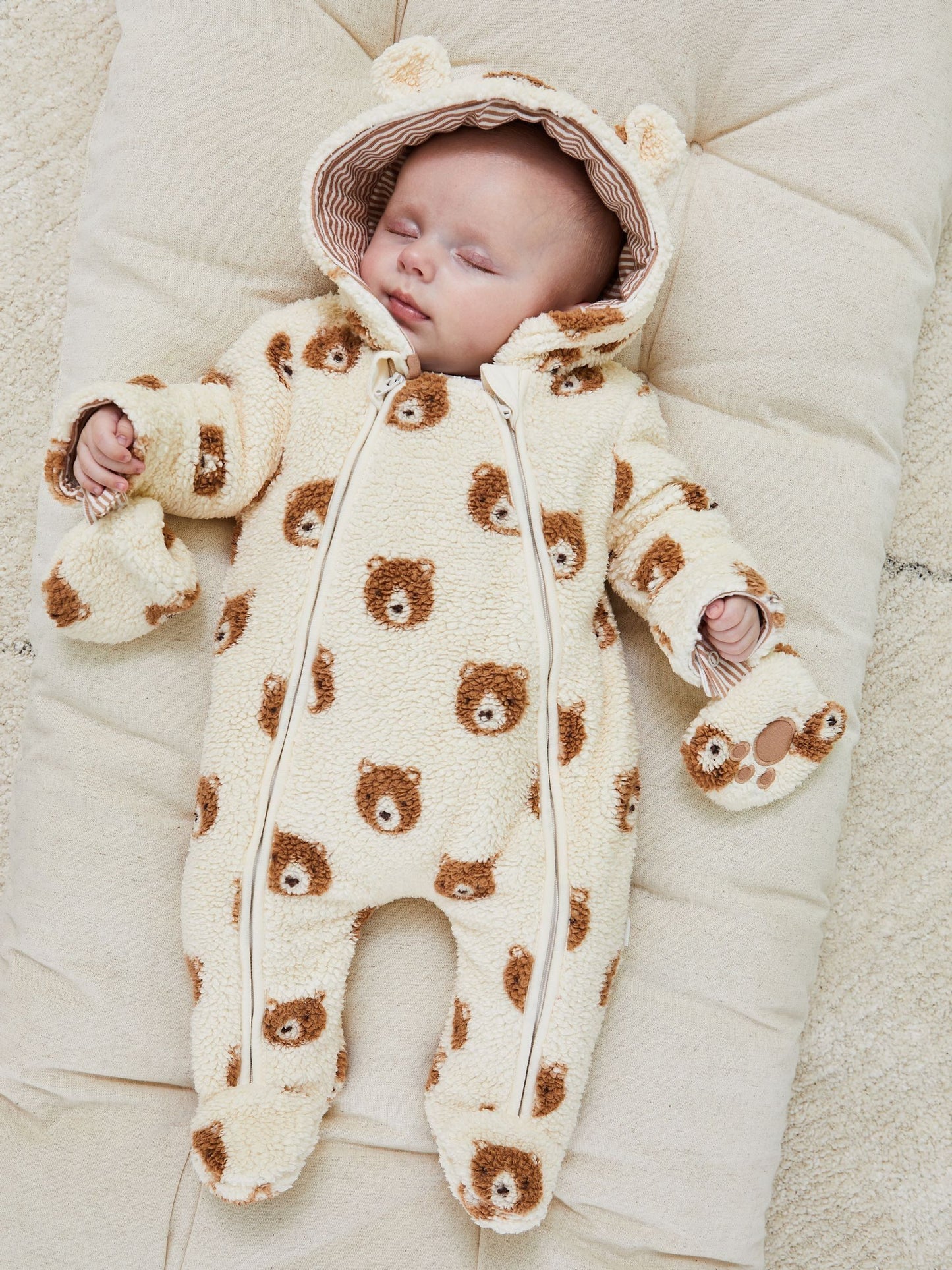 JoJo Maman Bébé Cream Bear Print Cosy Pramsuit image 2