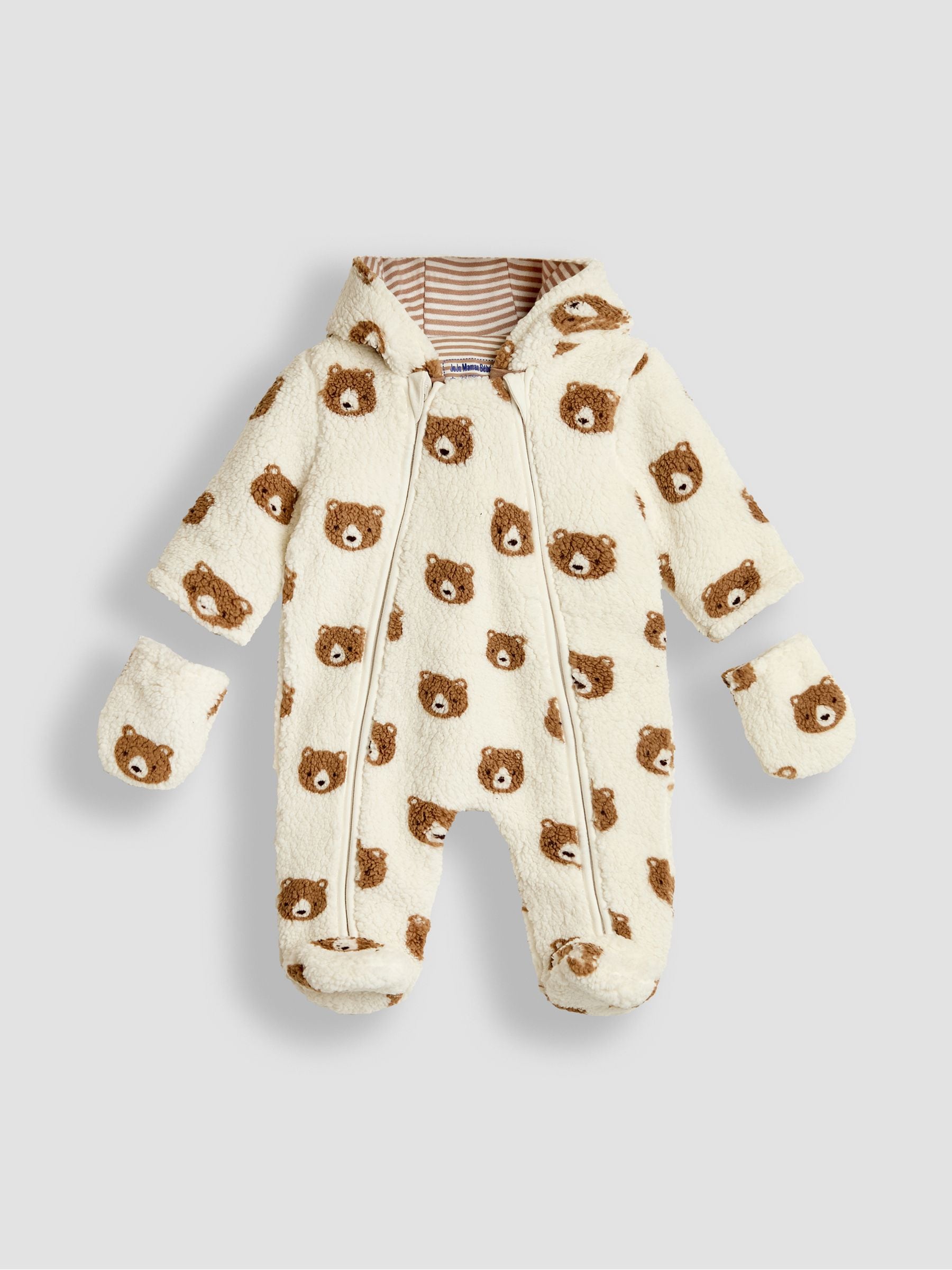 JoJo Maman Bébé Cream Bear Print Cosy Pramsuit image 5
