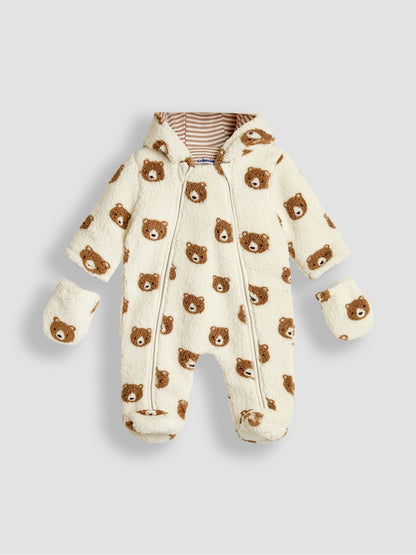 JoJo Maman Bébé Cream Bear Print Cosy Pramsuit image 5
