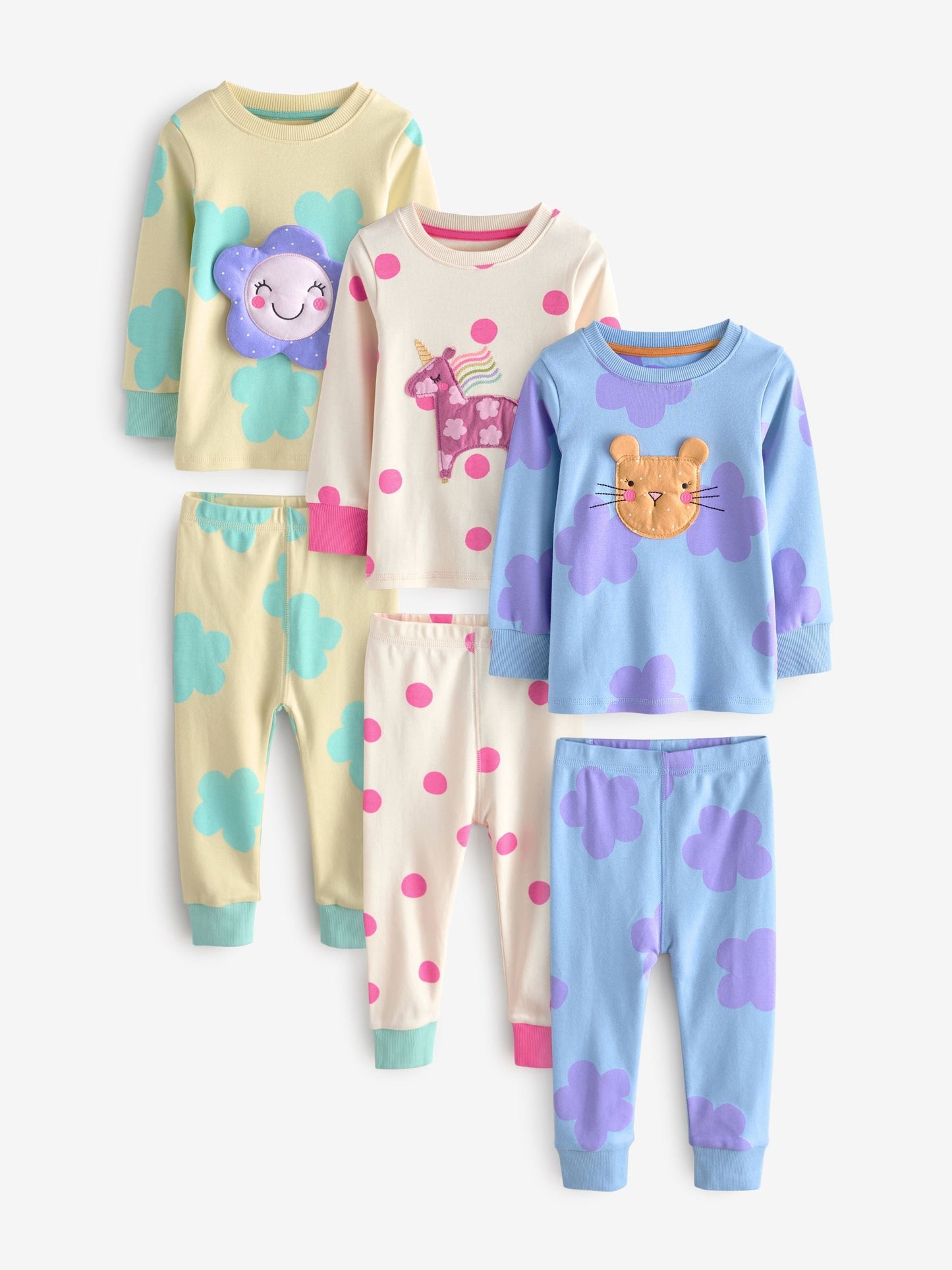 Pastel Cat/ Unicorn/ Flower Long Sleeve Snuggle Pyjamas 3 Pack (9mths-16yrs)