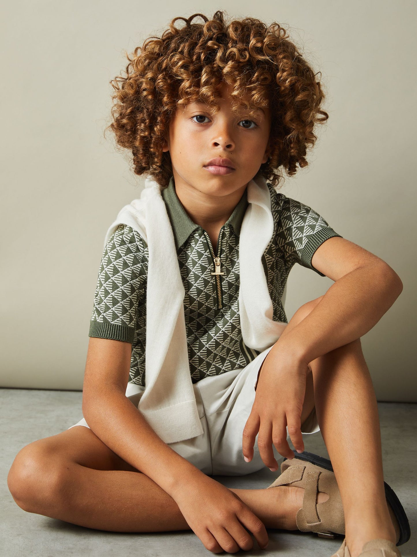Dsiney Kidz - Reiss Sage/Off White Sanderson 9-13 yrs Diamond Stitch Half-Zip Polo Shirt image 1