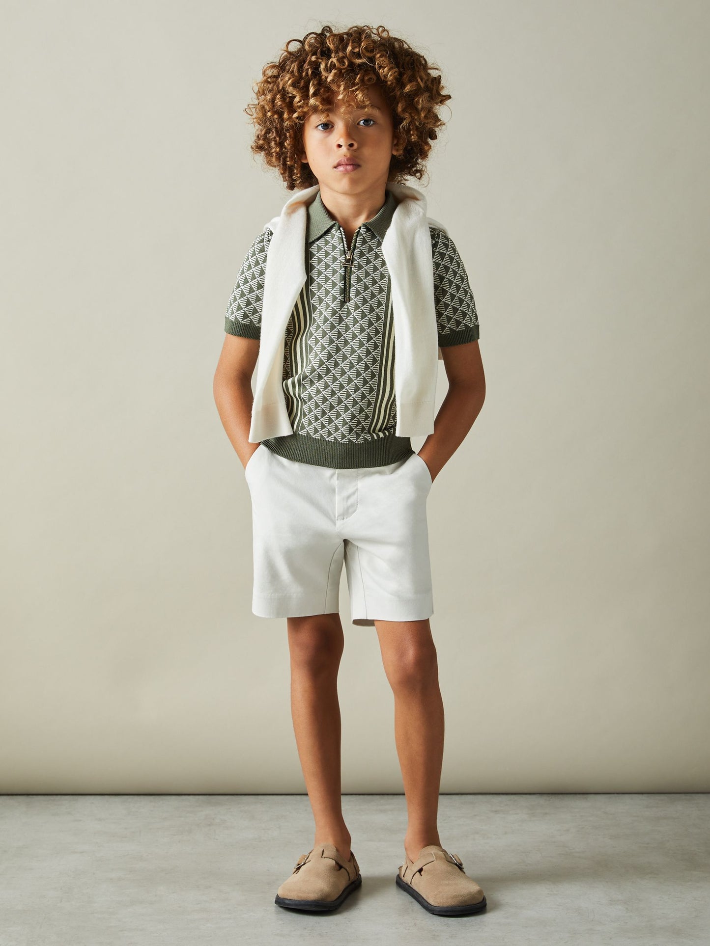Dsiney Kidz - Reiss Sage/Off White Sanderson 9-13 yrs Diamond Stitch Half-Zip Polo Shirt image 3