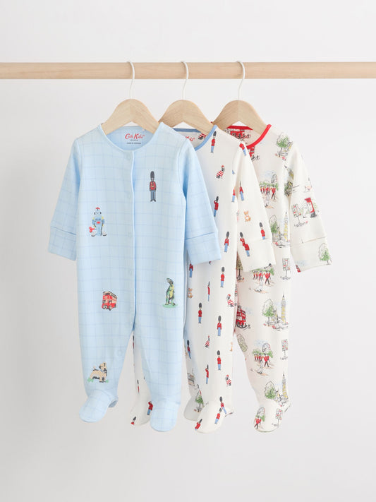 Blue Cath Kidston Cars Baby 100% Cotton Sleepsuits 3 Pack