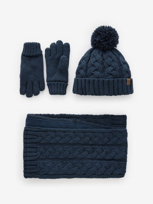 Navy Blue Cable Knit Hat Gloves & Scarf 3 Piece Set (3-16yrs) image 1