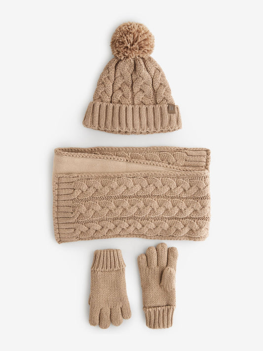 Neutral Cable Knit Hat Gloves & Scarf 3 Piece Set (3-16yrs) image 1