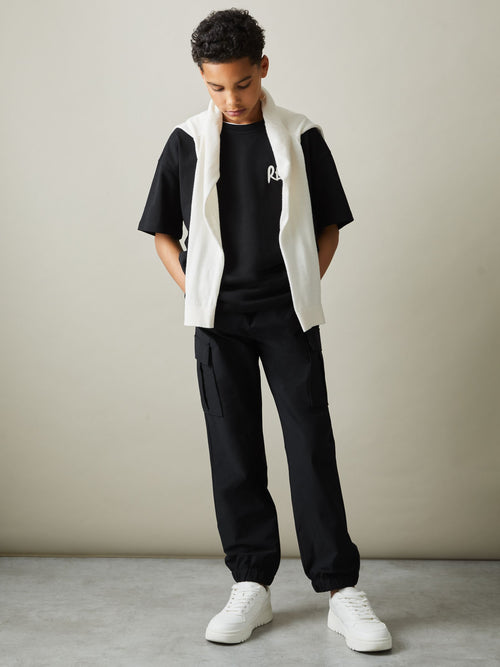 Reiss Black Lucian 3-9 yrs Technical Drawstring Cuffed Cargo Trousers image 1