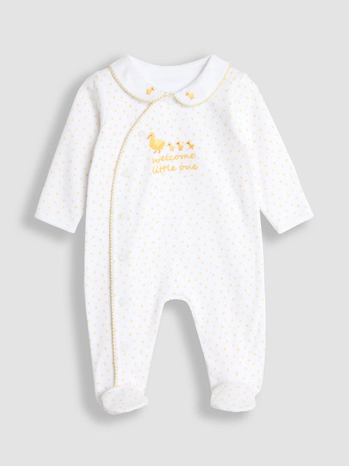 JoJo Maman Bébé White Welcome Little One Cotton Baby Sleepsuit image 1