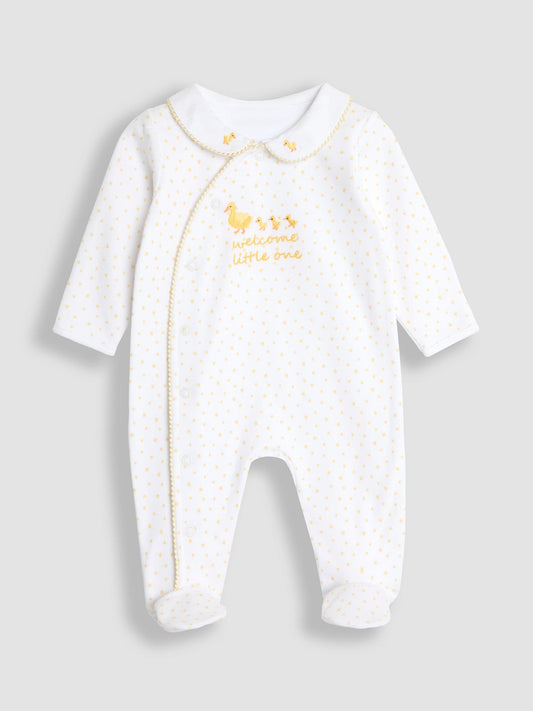 JoJo Maman Bébé White Welcome Little One Collar Sleepsuit image 1