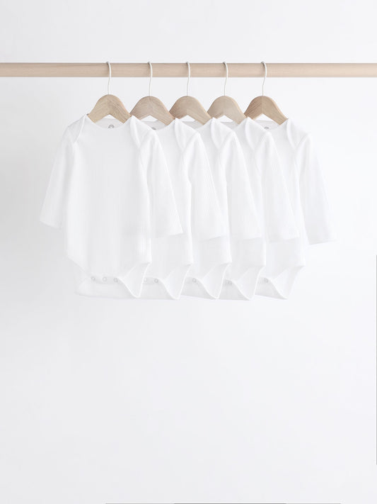 White Long Sleeve Rib Baby Bodysuits 5 Pack image 1