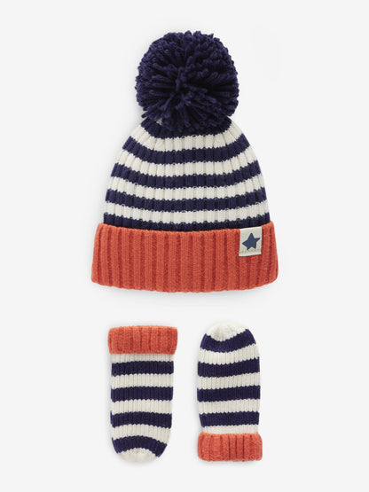 Navy Blue Stripe Hat And Mittens Set (3mths-10yrs) image 1