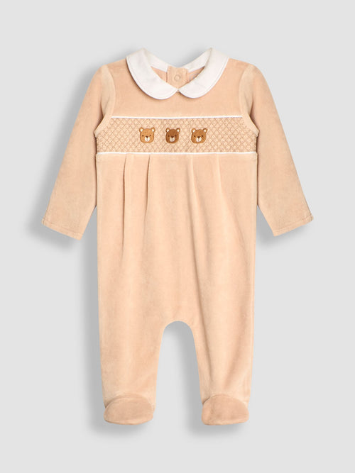 JoJo Maman Bébé Natural Bear Smocked Velour All-In-One image 1