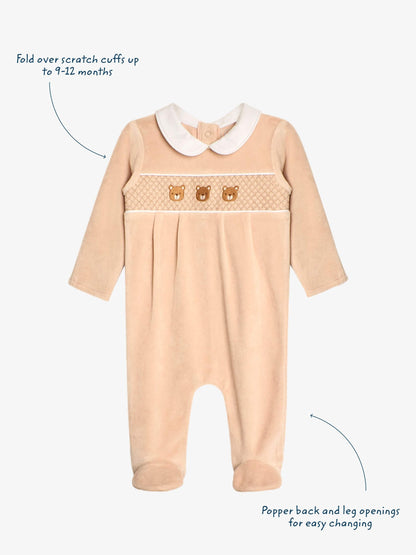 JoJo Maman Bébé Natural Bear Smocked Velour All-In-One image 3