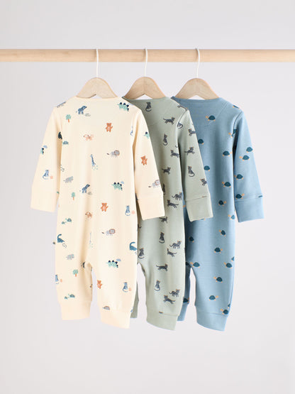 Teal Blue Baby Printed Zip Sleepsuits 3 Pack (0mths-3yrs) image 5