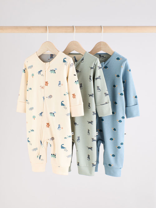 Teal Blue Baby Printed Zip Sleepsuits 3 Pack (0mths-3yrs) image 1