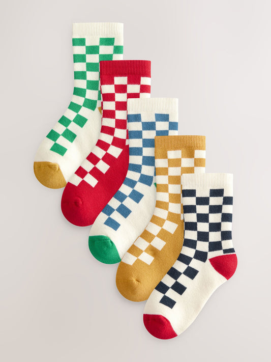 Ecru Bright Checkerboard Cosy Terry Cotton Rich Socks 5 Pack image 1