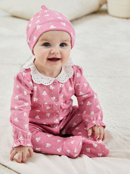 JoJo Maman Bébé Rose Pink Pretty Printed Collar Sleepsuit image 2