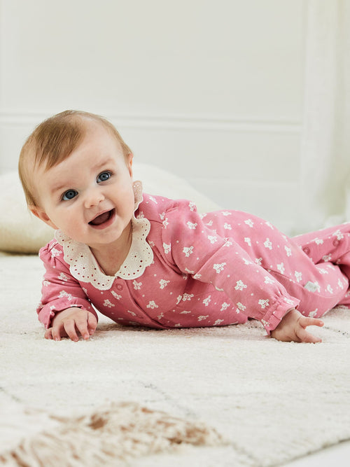 JoJo Maman Bébé Rose Pink Pretty Printed Collar Sleepsuit image 1