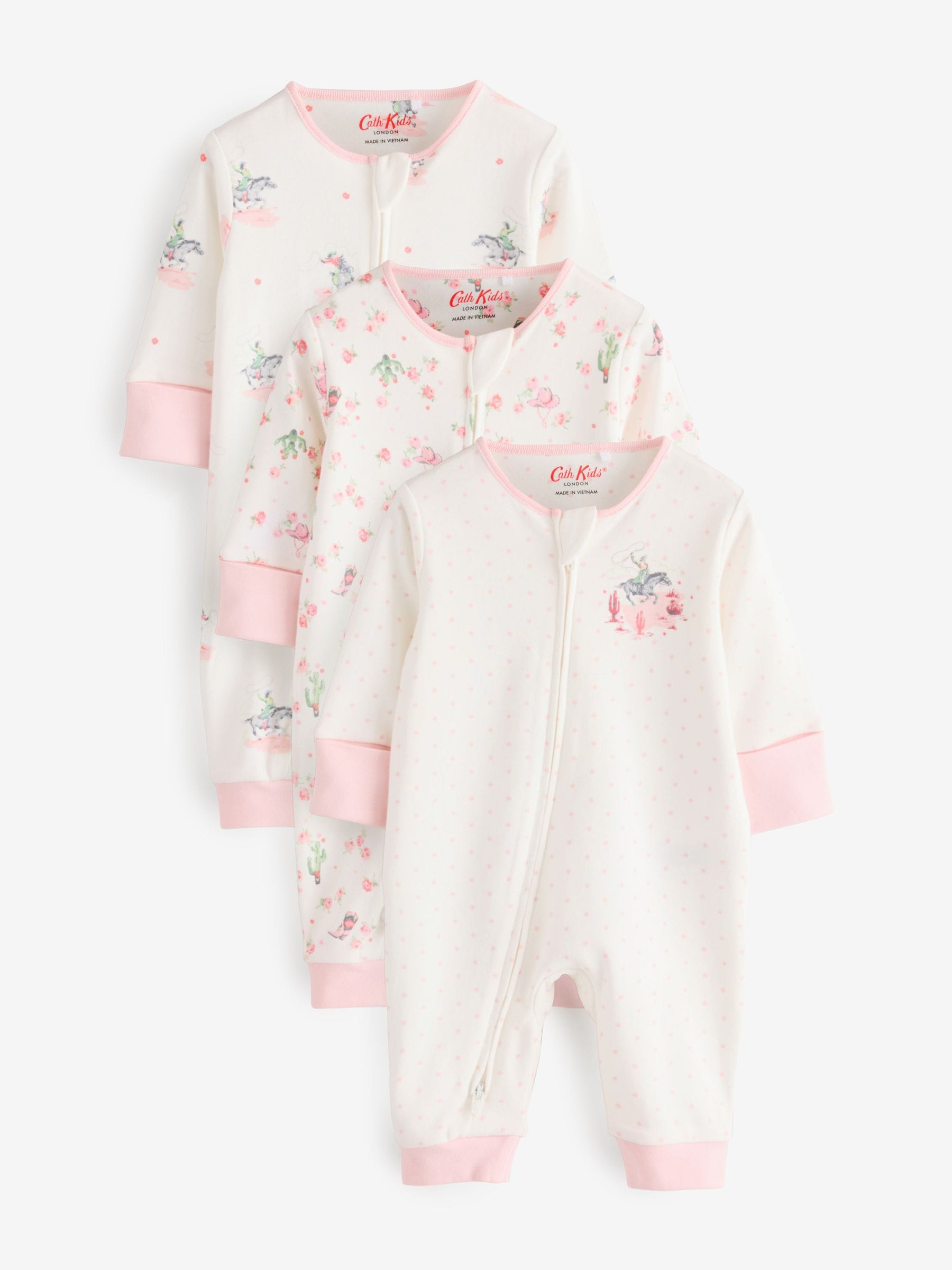 Pink/White Cath Kidston Floral Baby 100% Cotton Sleepsuits 3 Pack image 1