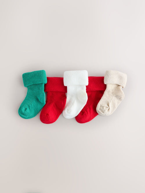 Dsiney Kidz - Red/Green Embroidererd Christmas Roll Top Baby Socks 5 Pack image 1