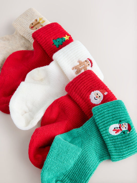 Dsiney Kidz - Red/Green Embroidererd Christmas Roll Top Baby Socks 5 Pack image 2