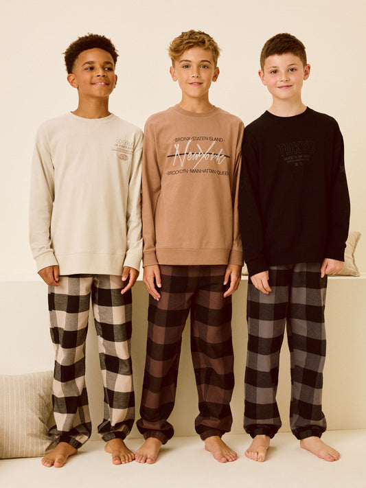 Neutral/Black Woven Check Pyjamas 3 Pack (3-16yrs) image 1