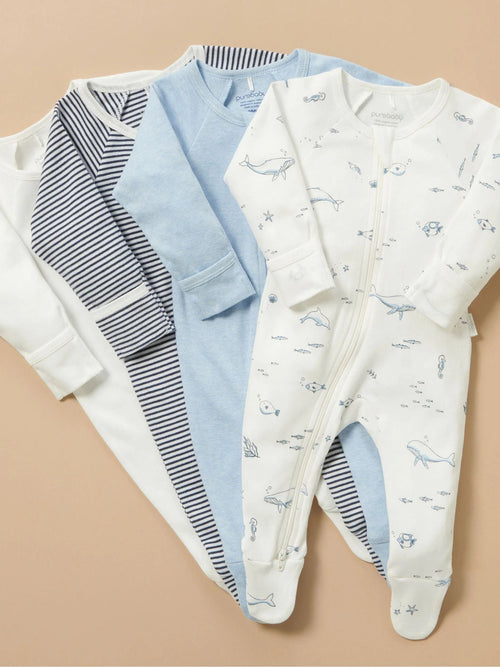 Purebaby Blue Zip Sleepsuits 4 Pack image 1