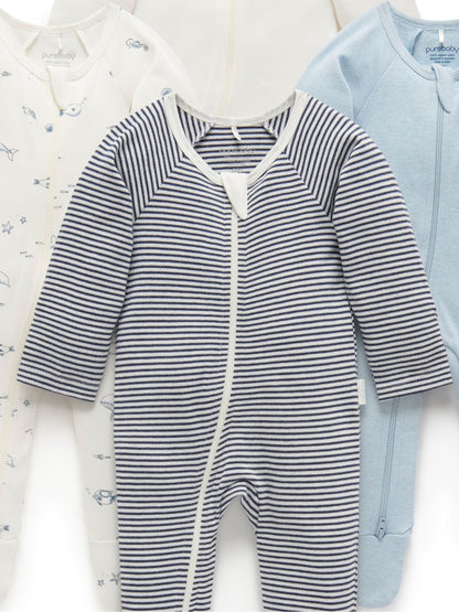 Purebaby Blue Zip Sleepsuits 4 Pack image 3