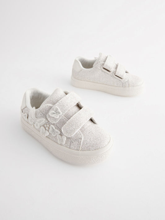 White Glitter Wide Fit (G) Butterfly Touch Fasten Strap Trainers image 2