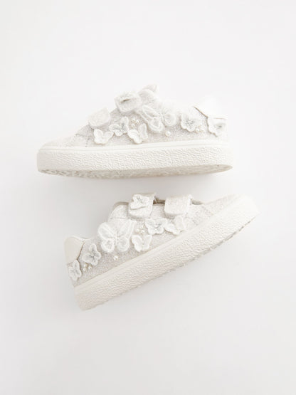 White Glitter Wide Fit (G) Butterfly Touch Fasten Strap Trainers image 3
