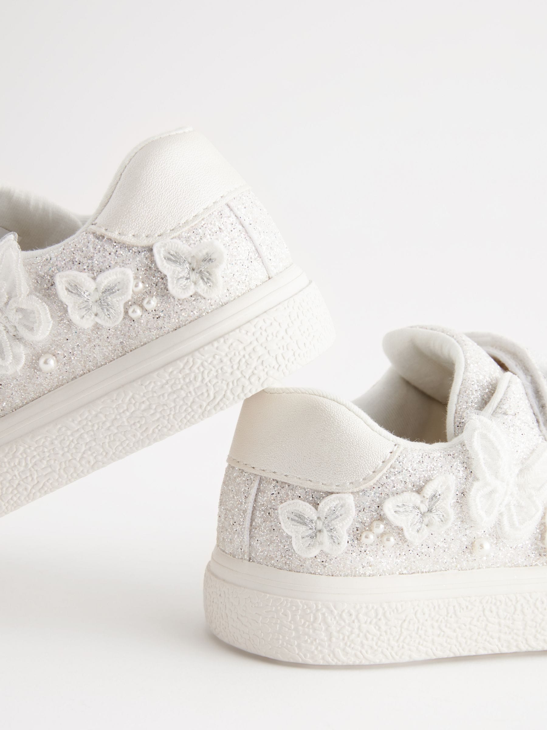 White Glitter Wide Fit (G) Butterfly Touch Fasten Strap Trainers image 5
