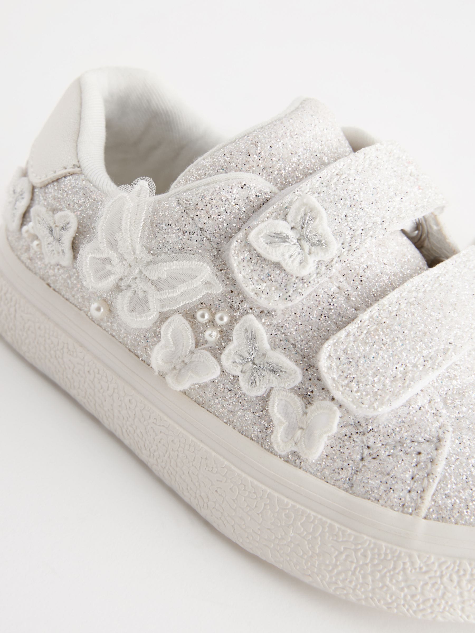 White Glitter Wide Fit (G) Butterfly Touch Fasten Strap Trainers image 6