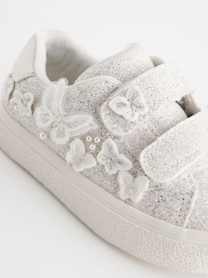 White Glitter Wide Fit (G) Butterfly Touch Fasten Strap Trainers image 6