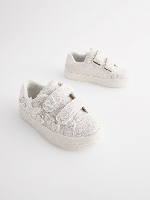 White Glitter Wide Fit (G) Butterfly Touch Fasten Strap Trainers image 1