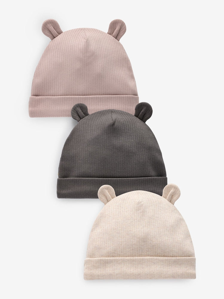 Black/White Bear Ear Beanie Baby Hats 3 Pack (0-18mths)