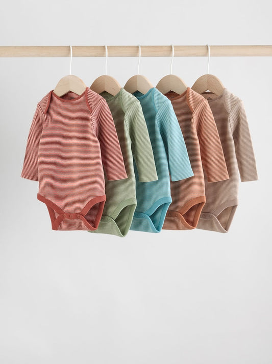 Blue/Brown Baby Long Sleeve Bodysuits 5 Pack