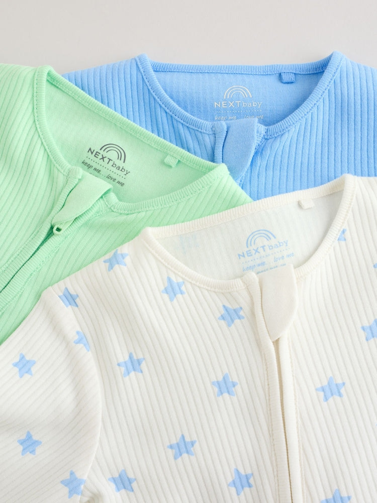 Blue/Green Star Milk Club Two Way Zip Baby Sleepsuits 3 Pack (0mths-3yrs)