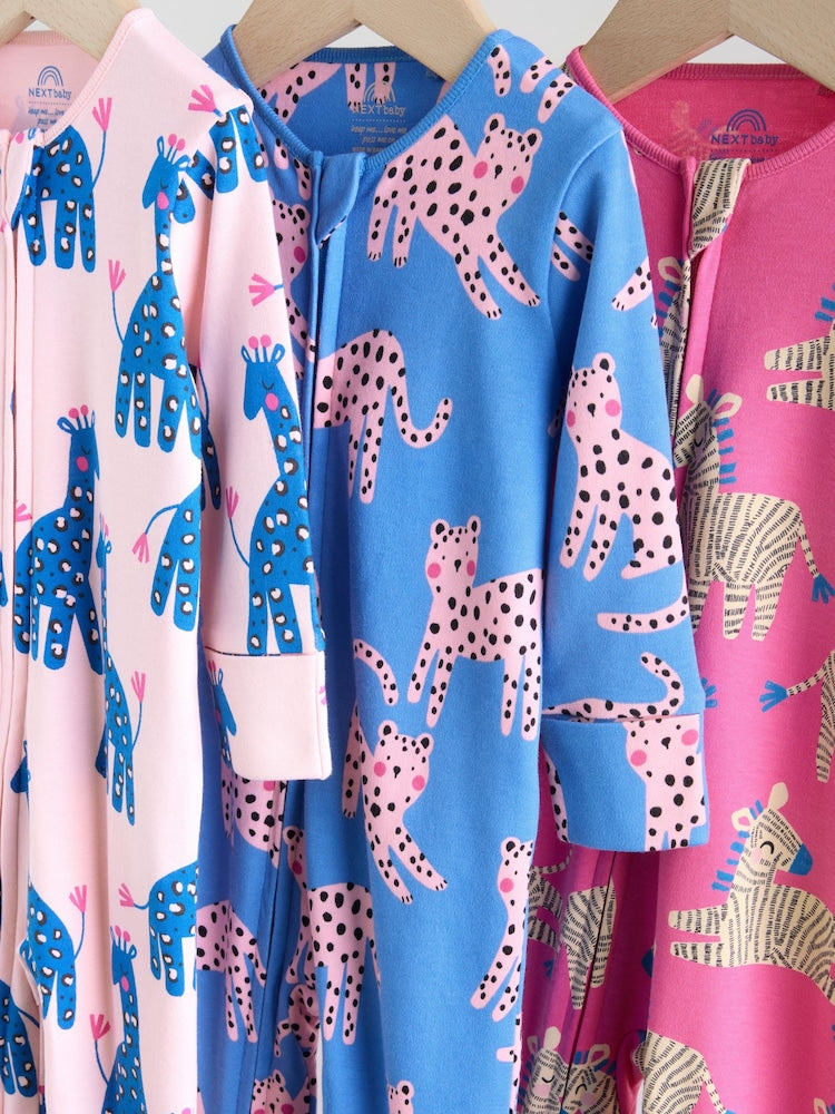 Blue/Pink Animal Character 3 Pack Two Way Zip Baby Sleepsuits (0mths-2yrs)