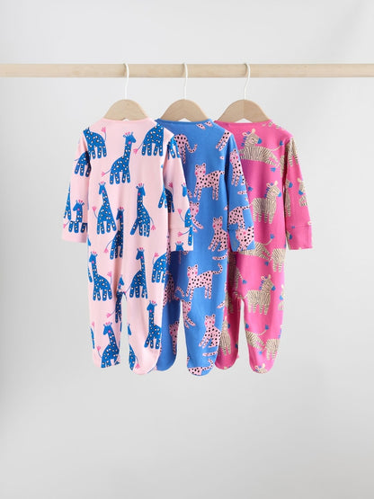 Blue/Pink Animal Character 3 Pack Two Way Zip Baby Sleepsuits (0mths-2yrs)