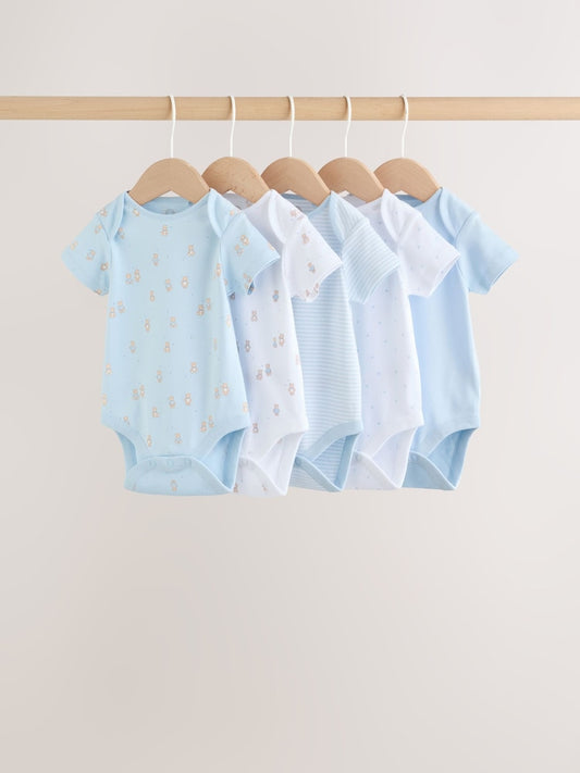 Blue 5 Pack Short Sleeve Baby Bear Bodysuit