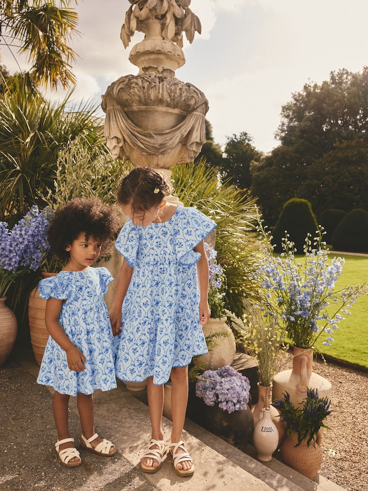 Blue Floral Angel Sleeve Dress (3mths-8yrs)