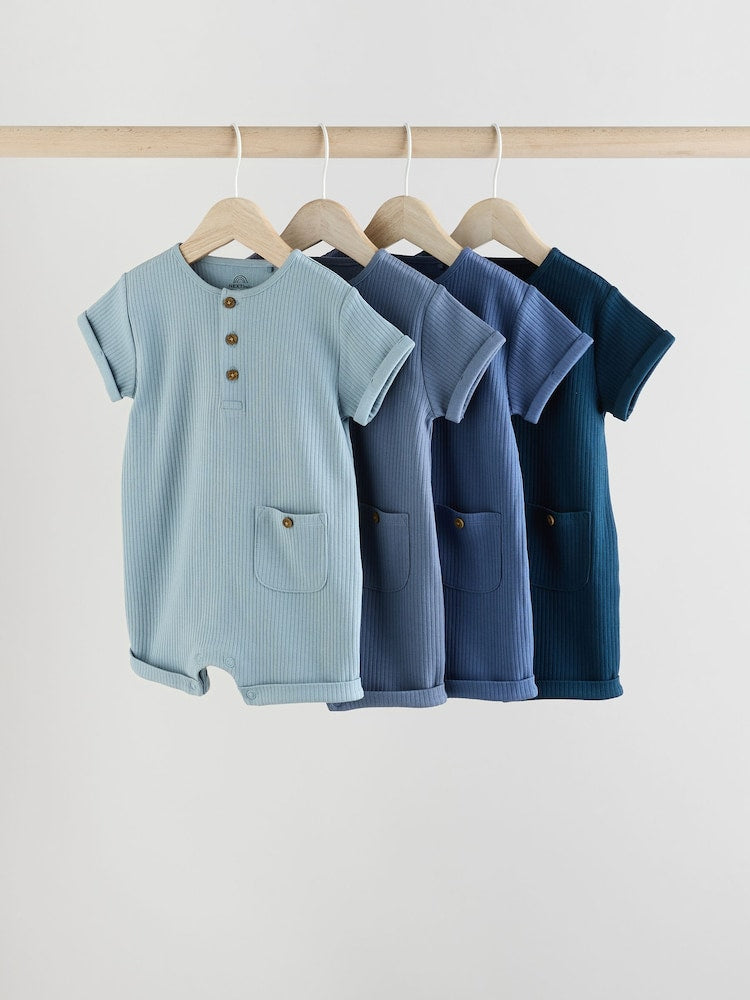 Blue Grandad Button Neck 4 Pack Baby Rompers