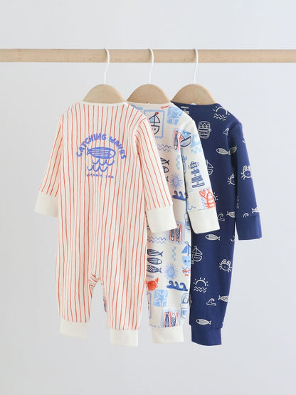 Blue Nautical Two Way Zip Baby Sleepsuits 3 Pack (0mths-3yrs)