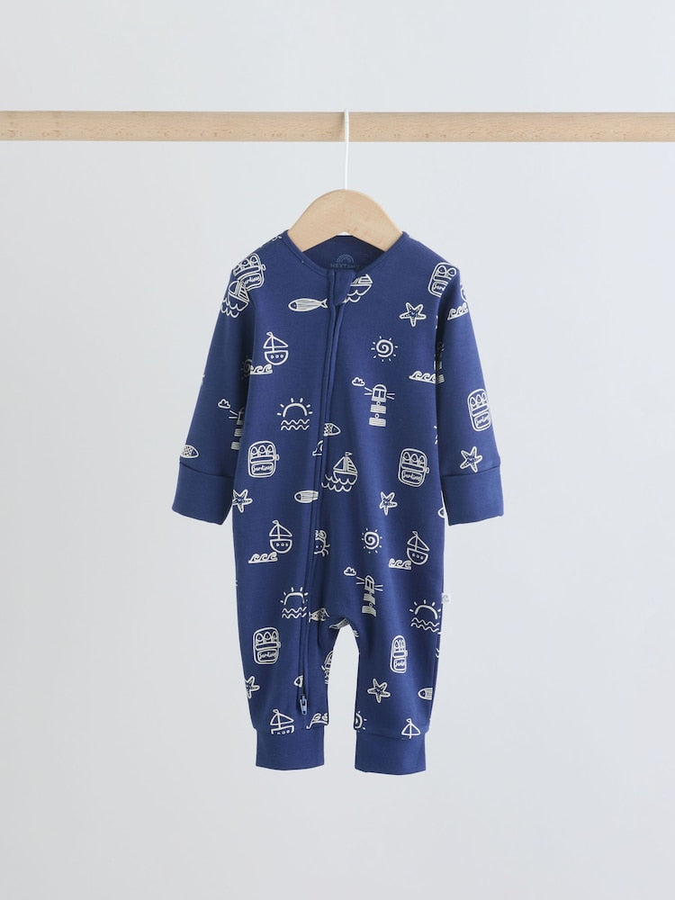 Blue Nautical Two Way Zip Baby Sleepsuits 3 Pack (0mths-3yrs)