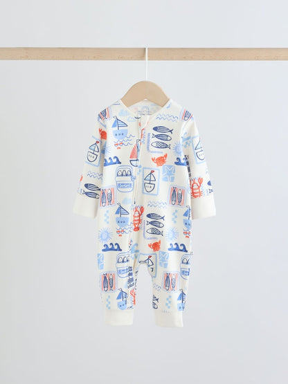 Blue Nautical Two Way Zip Baby Sleepsuits 3 Pack (0mths-3yrs)