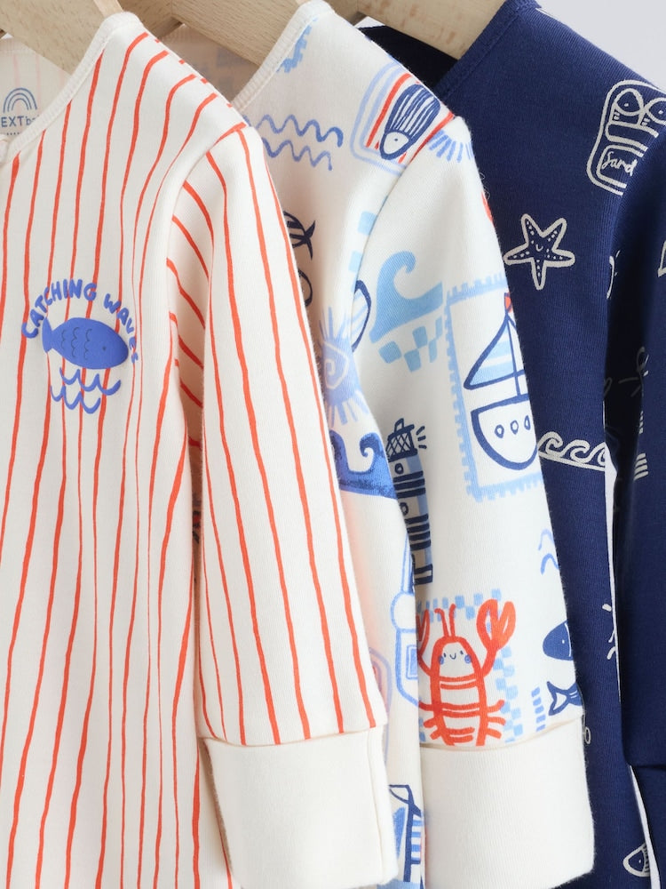 Blue Nautical Two Way Zip Baby Sleepsuits 3 Pack (0mths-3yrs)