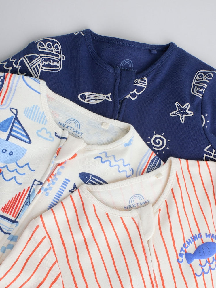Blue Nautical Two Way Zip Baby Sleepsuits 3 Pack (0mths-3yrs)