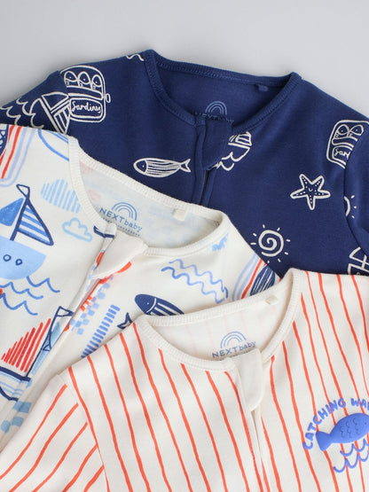 Blue Nautical Two Way Zip Baby Sleepsuits 3 Pack (0mths-3yrs)