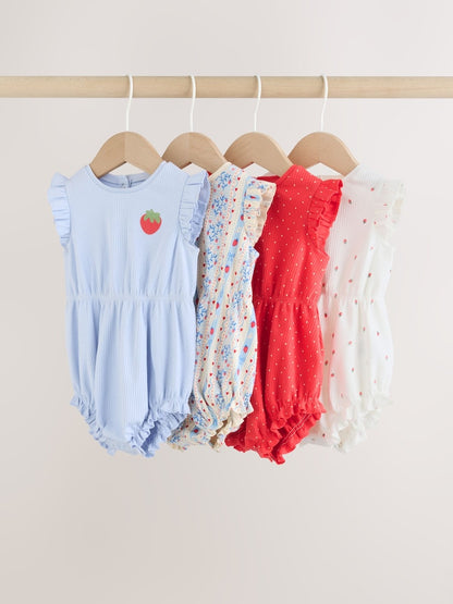 Blue Strawberry Frill Shoulder Baby Rompers 4 Pack Immediate